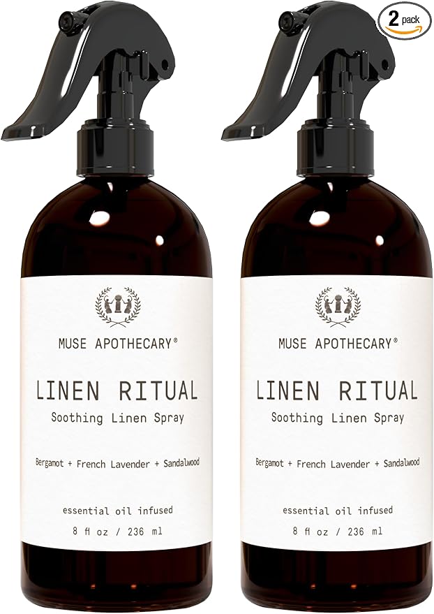 Muse Apothecary Linen Ritual - Aromatic, Soothing, and Relaxing Linen Mist, Laundry and Fabric Spray - Infused with Aromatherapy Essential Oils - 8 oz, Bergamot + French Lavender + Sandalwood, 2 Pack