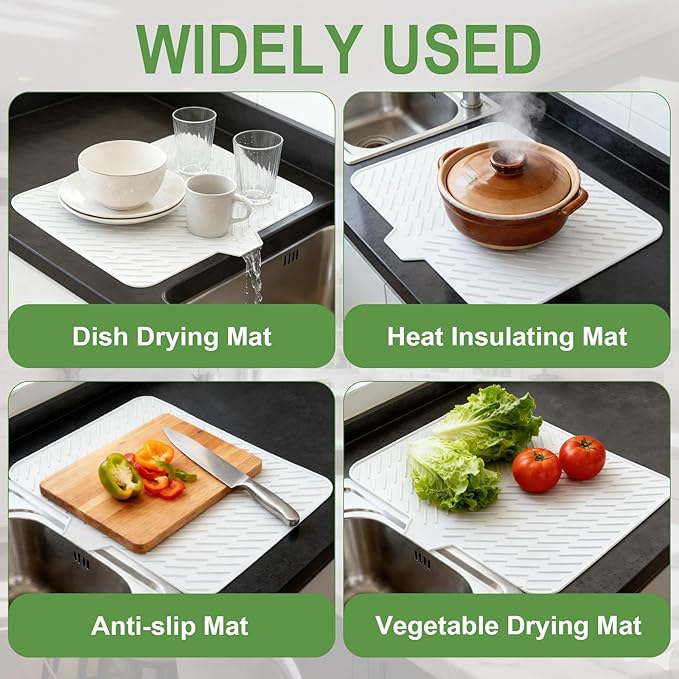 Silicone Drying Mat, 23"X17" With Built-in Drain Lip,Heat-Resistant,Eco-friendly,Hygienic Drying Pad,Leak-Proof and Non-Slip,Silicone Dish Drying Mat for Kitchen Counter or Sink（White 23X17）