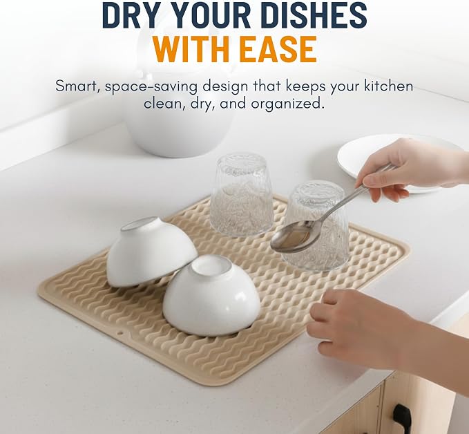 Silicone Dish Drying Mat for Kitchen Counter - Multi-Use 18 x 16 Inch Pad, Non-Slip & Heat-Resistant, Perfect Dish Drainer Mat by Linda’s Essentials, Ideal Kitchen Accessory (Beige)