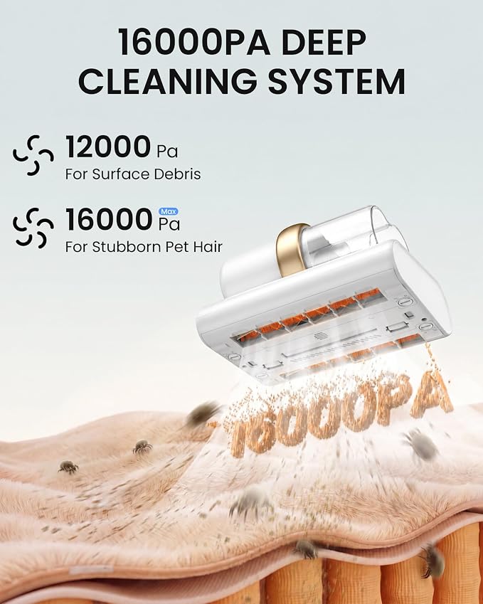 HEAPETS Mattress Vacuum Cleaner, 16Kpa Bed Vacuum with 275nm UV-C Light & 149℉ Heat & Ultrasonic, Dual High-Speed Roller Brushes & H13 HEPA Filter for Pet Hair, Bed, Sofa, Couch, Corded White