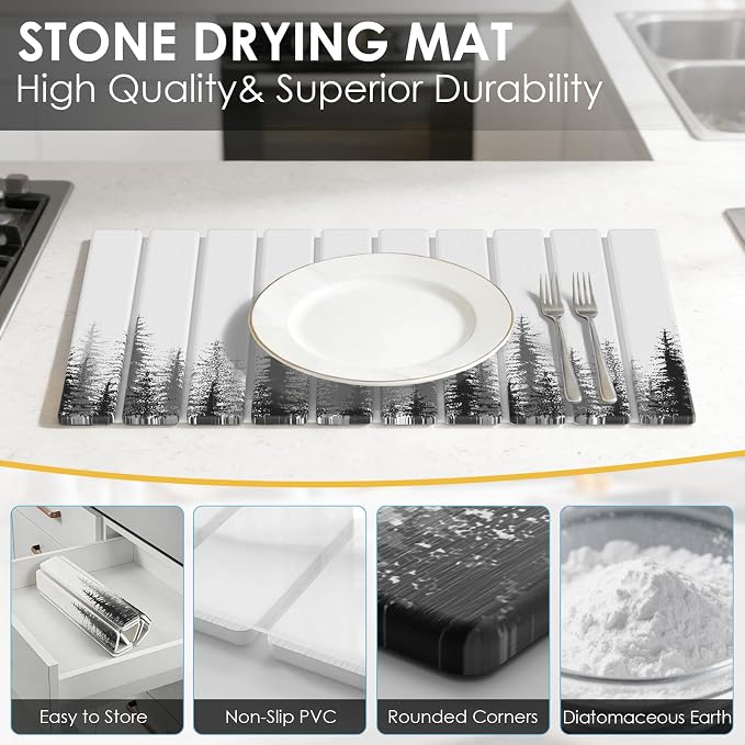 4-Piece Large Stone Dish Drying Mat for Kitchen Counter, 24"x16" Super Absorbent Diatomaceous Earth Drying Mat Set with Faucet Mat & Small Utility Mat, Rollable Quick Dry Pad for Dishes, Cups, Bottles