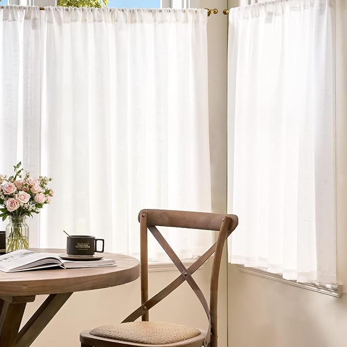 jinchan Linen Kitchen Tier Curtains, 38x45, 2 Panels, Beige White | Light filtering, linen blend, rod pocket, farmhouse style, rustic decor, kitchen, bathroom, laundry room, RV, small windows