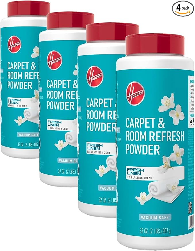 Hoover Carpet and Room Refresher, Carpet Powder, Odor Remover, Fresh Linen Scent, Vacuum Cleaner Safe, For Use on Carpets, Rugs, Couches and More, For Home Use, 32 oz (Pack of 4)
