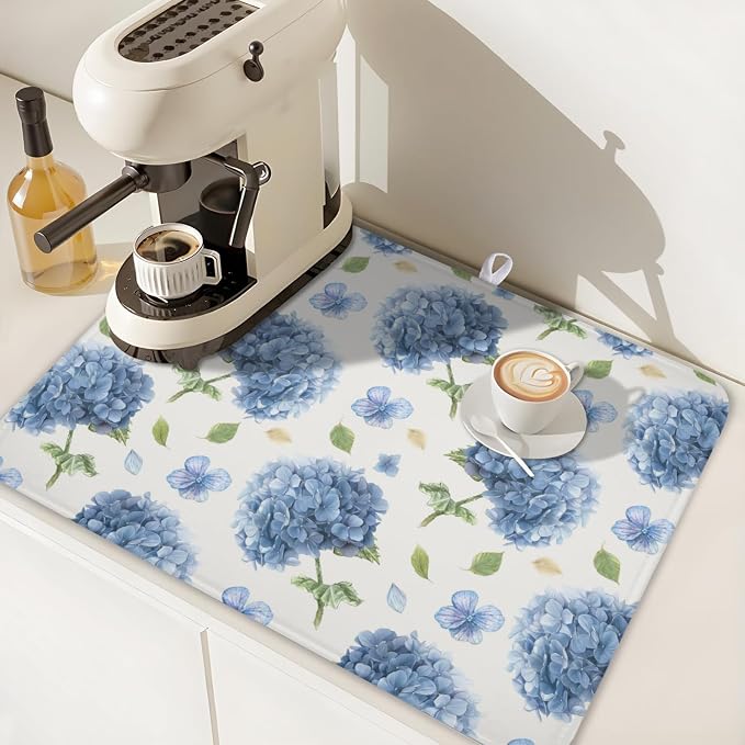 Spring Summer Blue Floral Dish Drying Mat 18x24 Inch | Hydrangea ，Polyester，Absorbent Microfiber，for Kitchen Coffee Dining Bar Decor