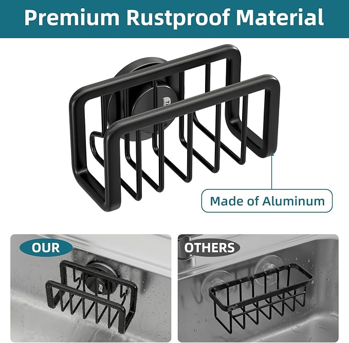 TAILI Sink Caddy with Strong Suction Cup, Sponge Holder for Kitchen Sink Oganizer, Removable Rustproof Aluminum Sponge Holder, Dish Brush for Scraper - Black