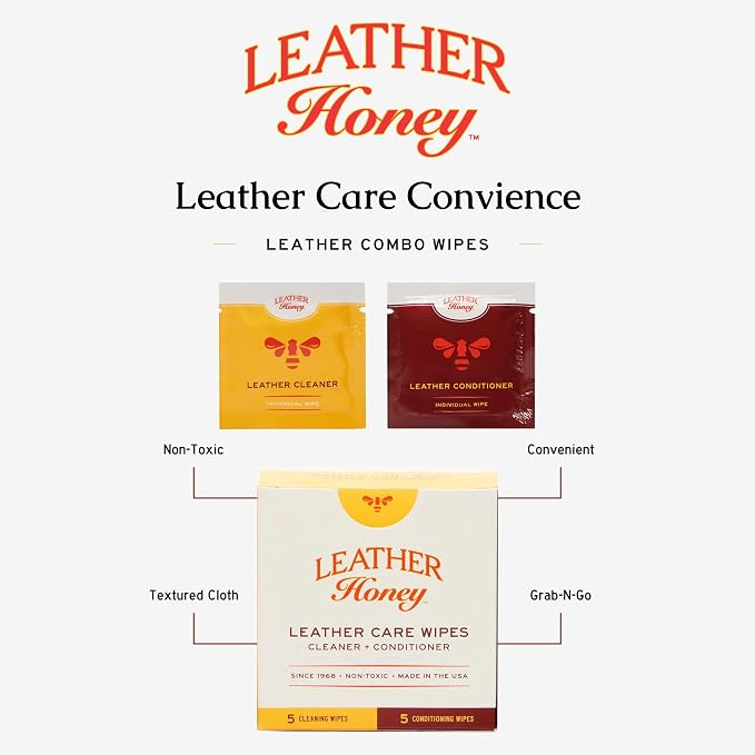 Leather Honey Leather Wipe Kit – Non-Toxic Cleaner & Conditioner | 5 cleaner & 5 conditioner wipes. Same trusted formulas, made in the USA. For any color leather — car seats, shoes & bags.