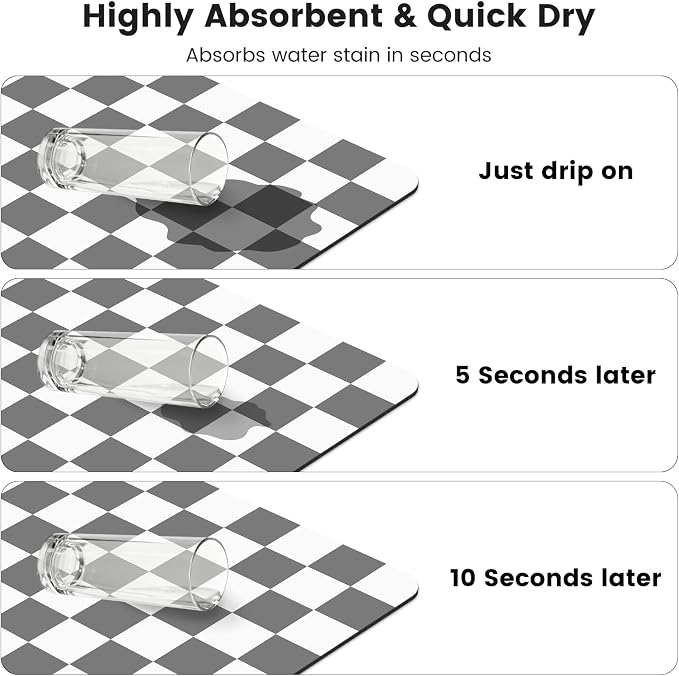 Checkered Dish Mat for Kitchen Coffee Station, 16" x 24" Grey | Quick Drying & Absorbent Mat for Coffee Bar Espresso Machine Countertops Accessories