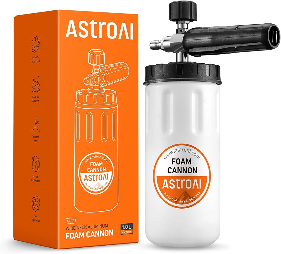 AstroAI Foam Cannon for Pressure Washer with 1/4" Quick Connect Plug, 1 L | Thick Foam, Car Wash, Heavy Duty Durable Foam Sprayer, Wide Neck, Adjustable Foam Lance, Easy Install, Cleaning Accessories