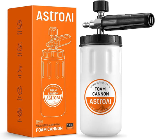 AstroAI Foam Cannon for Pressure Washer with 1/4" Quick Connect Plug, 1 L | Thick Foam, Car Wash, Heavy Duty Durable Foam Sprayer, Wide Neck, Adjustable Foam Lance, Easy Install, Cleaning Accessories