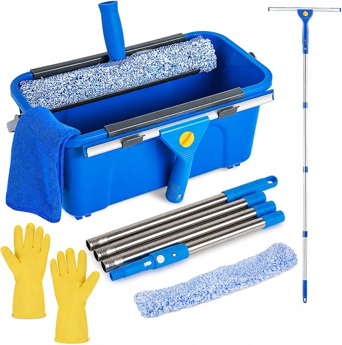 Professional Window Cleaning Kit, Window Washing Kit with 3 Gallon Bucket, 14-Inch Squeegee & 15-Inch Scrubber, 61-Inch Extendable Pole, Window Cleaning Equipment for Home & Commercial (61 inch)