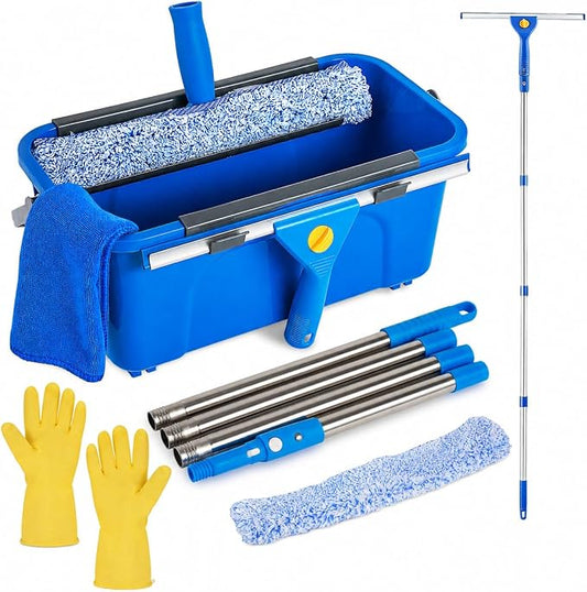 Professional Window Cleaning Kit, Window Washing Kit with 3 Gallon Bucket, 14-Inch Squeegee & 15-Inch Scrubber, 61-Inch Extendable Pole, Window Cleaning Equipment for Home & Commercial (61 inch)