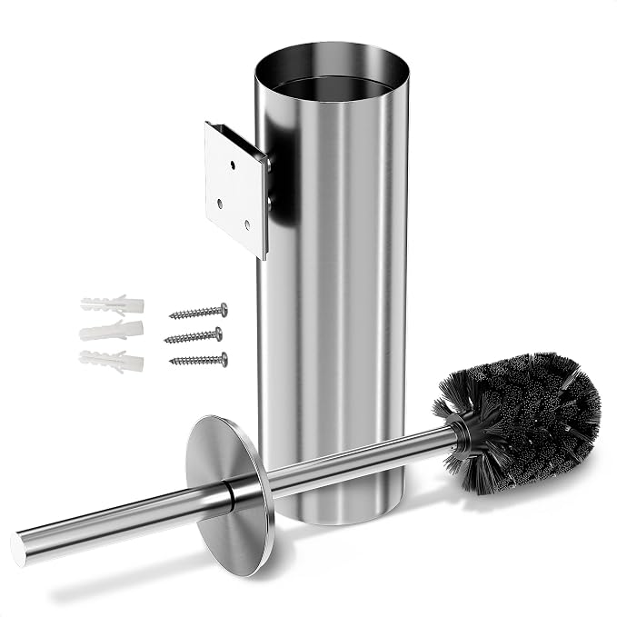 Silver Modern Toilet Brush and Holder Set with Wall Mount - Stainless Steel Toilet Brush with Holder - Removable Inner Bowl, Shiny Design, Splash Protection & Dense Bristles for Bathroom Cleaning