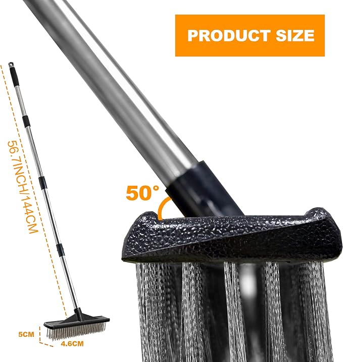 Heavy Duty Floor Scrub Brush Stainless Steel Wire Floor Scrubber with Long Handle Stiff Bristles Outdoor Push Broom for Cleaning Deck,Concrete,Patio,Boat,Moss Removal