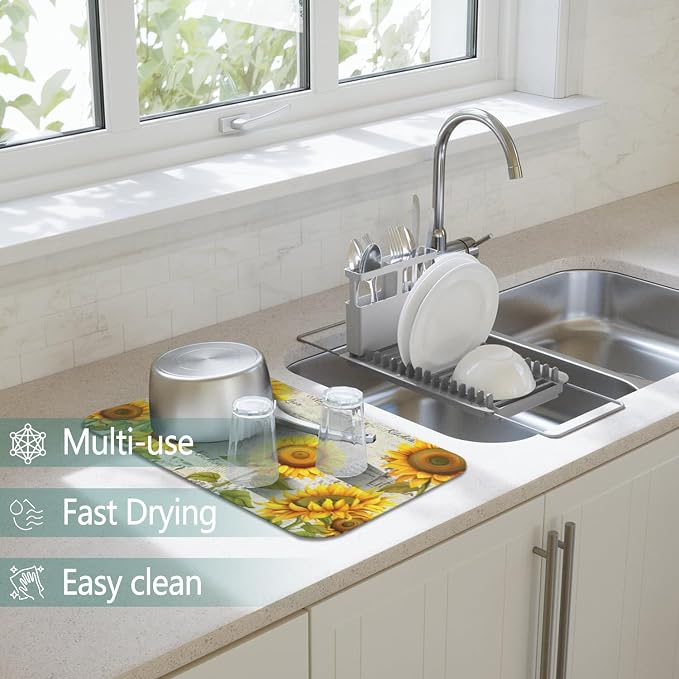 Dish Drying Mat 2-Pack in Sunflower News for Kitchen Counter Dishes Mat | Diatom Mud Mats (18x24, 19.5x12"). Non-slip rubber back for kitchen counter, coffee bar & sink scenes