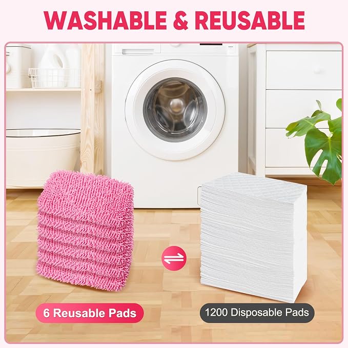 6 Pack Reusable Mop Pads Compatible with Swiffer Sweeper, Chenille Mop Refill Pads, Dry & Wet Mopping Cloths for Floor Cleaning -Pink