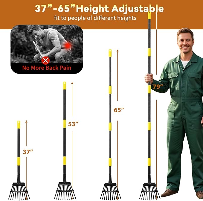 Rake, Garden Leaf Rakes for Lawns Heavy Duty, Yard Metal Rake Tools with 9" Small Narrow Rake Head, 65” Adjustable Long Handle, 11 Steel Tines, Quick Clean up Rake for Shrub, Flower Bed, Camping