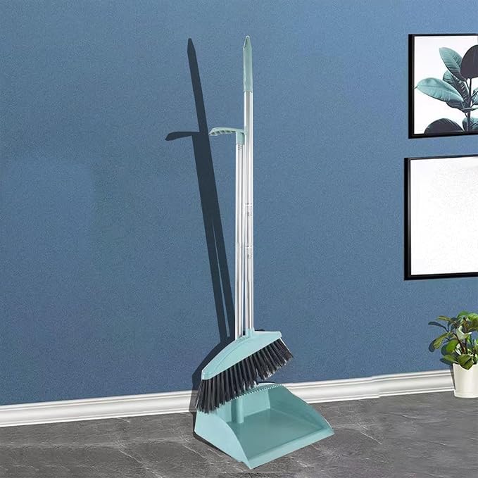 Broom and Dustpan Set for Home Indoor 180 Rotatable Broom with Dustpan Combo Set for Office Home Kitchen Lobby Floor Cleaning Broom Dustpan for Indoor & Outdoor Sweeping (Blue)