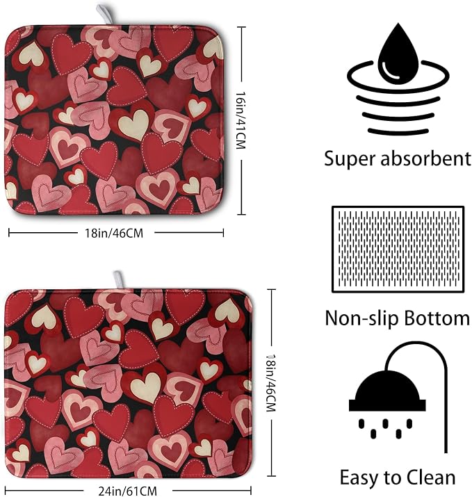 Valentine Dish Drying Mat for Kitchen Counter Red Black Love Heart Drying Pad Microfiber Absorbent Coffee Bar Mat Heat Resistant Countertop Protector Dishes Drainer Mat 18x24 Inch