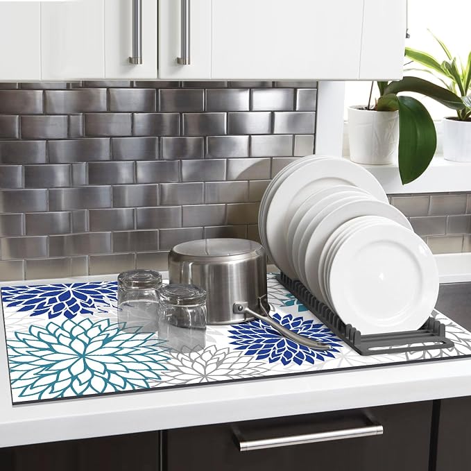 Findosom 2PCS 12" x 20" Dish Drying Mat & 24" x 5.5" Sink Splash Guard, Super Absorbent & Cuttable Dish Mat Drying Kitchen Mat with Blue Floral, Hide Stain Drying Mat for Kitchen Counter