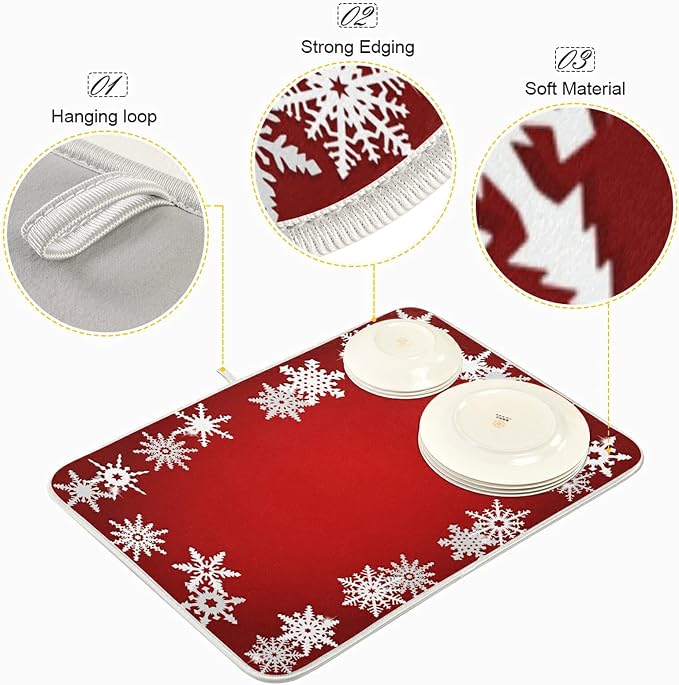 Super Absorbent Dish Drying Mat, Microfiber Fast-Drying Dish Mat, 16" x 18", Kitchen Dish Drying Pad, Watercolor Cute (Christmas Snowflake Abstract)