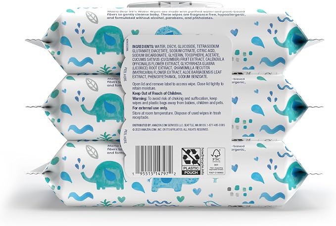 Amazon Brand - Mama Bear 99% Water Baby Wipes, Hypoallergenic, Fragrance Free, 216 Count Total (3 Packs of 72 Wipes Each)