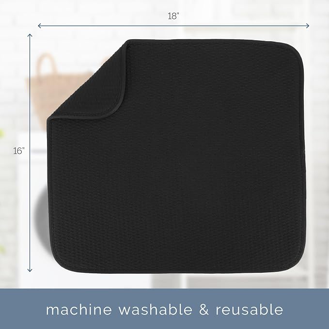 S&T INC. Dish Drying Mat, 16" x 18", Large, Diamond Texture, Black | Absorbent Microfiber, Kitchen Counter Mat for Dishes, Utensils, Pots and Pans, Machine Washable
