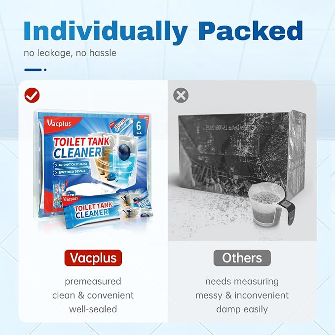 Vacplus Toilet Tank Cleaner Tablets, Automatic Descaler, Mold Rust Remover | 6 Pack, Long-Lasting Bowl Cleaning Solution, Septic Safe, Pipe Safe, Pre-Measured Convenience