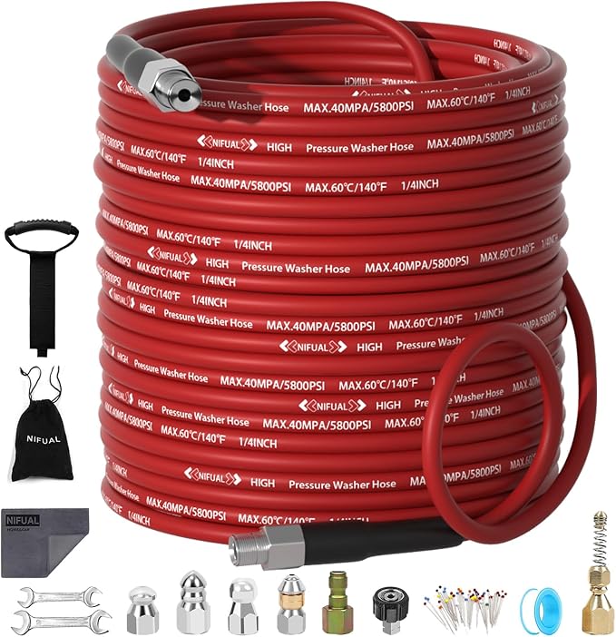 NIFUAL Sewer Jetter Kit for Pressure Washer,150FT 5800PSI Pressure Drain Cleaner 1/4 Inch NPT Corner Rotating and Button Hose Sewer Jetting Nozzle for Homeowners & DIYers (150FT)