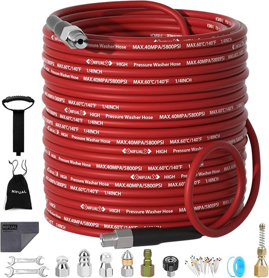 NIFUAL Sewer Jetter Kit for Pressure Washer,150FT 5800PSI Pressure Drain Cleaner 1/4 Inch NPT Corner Rotating and Button Hose Sewer Jetting Nozzle for Homeowners & DIYers (150FT)