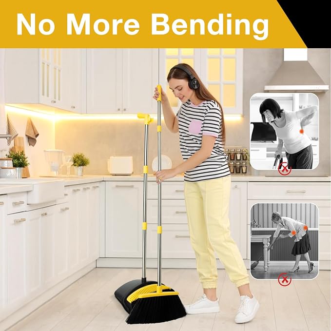 Broom and Dustpan Set,Long Handle,Black Yellow | Stand up Dustpans with Broom Combo, Indoor & Outdoor Sweeping, for Home Room Kitchen Office Lobby