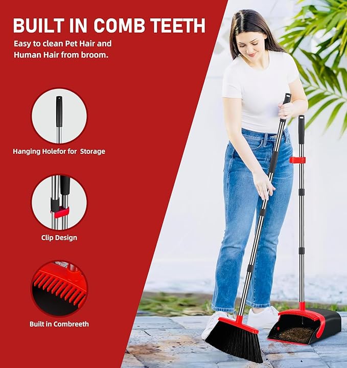 2-Pack is More economical,Brooms with Dustpan Combo Set， with 52" Long Handle, Dustpan Teeth with self-Cleaning Function, Indoor and Outdoor Sweeping, Perfect for Home Office (Large/Red /2-Pack)