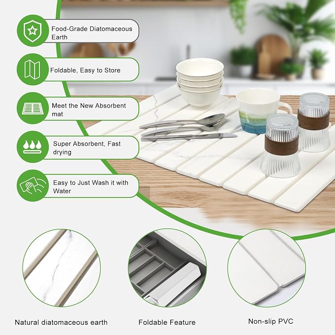 Large Stone Drying Mat for Kitchen Counter - 24"x16"Quick Drying Fast Absorbent Non-Slip kitchen Dish Drying Mats, Friendly Foldable Diatomaceous Earth Mats for Dishes Cups,Match Any Countertop