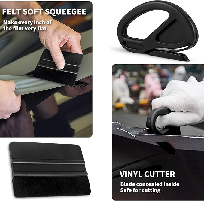 Gomake Vehicle Vinyl Wrap Window Tint Film Tool Kit Include 4 Inch Felt Squeegee, Retractable 9mm Utility Knife and Blades, Zippy Vinyl Cutter and Mini Go Corner Squeegee for Car Wrapping (5 Tools)