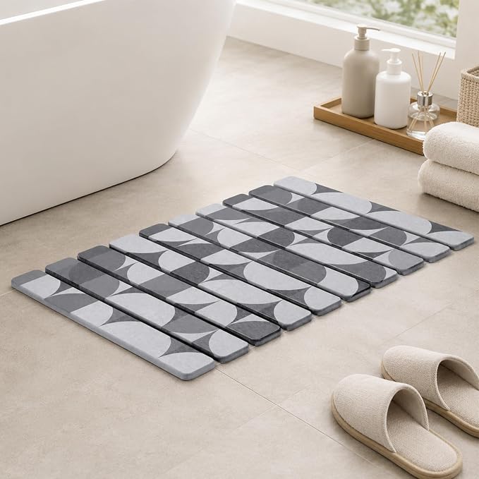 Large Stone Dish Drying Mat for Kitchen Counter, Quick Dry Diatomaceous Earth Dish Drying Pad, Foldable Water Absorbing Organizer Pad for Plates Bottles Utensils (Dark Gray Geometric 24"×16" & 8"×4")