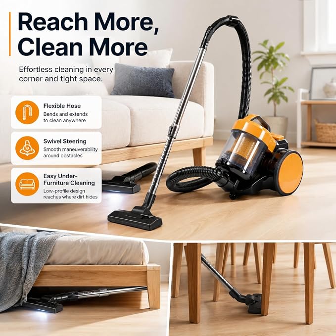 Simple Deluxe Household Portable 16.4Ft Vacuum Cleaner, 16Kpa Bagless Canister Cleaner, Lightweight Powerful Vacuum for Carpets and Hard Floors, with Washable HEPA Filter, Yellow