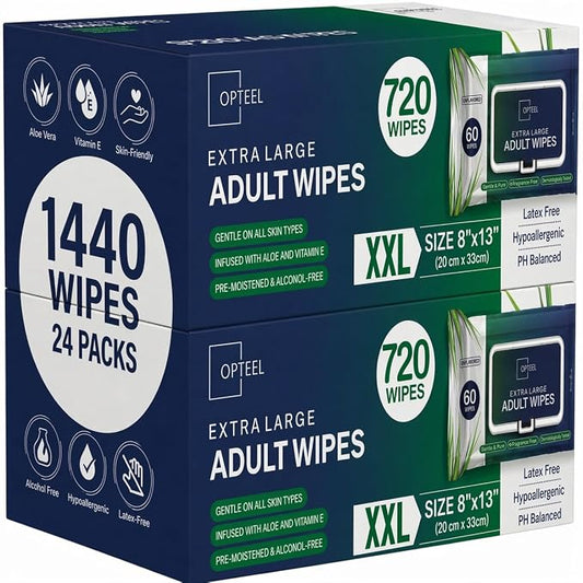 OPTEEL Adult Wipes for Personal Cleansing Disposable Washcloths, 1440 Count | Unscented, Super Soft, Pre-Moistened for Incontinence Care, Caregivers, Elderly & Medical Facilities