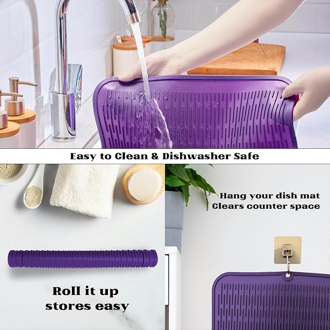 ZLR Heavy-Duty Silicone Dish Drying Mat (16" x 18" / 401 x 455mm) - XL Family-Size Thick 4mm Drainboard for Pots, Pans & Heavy Cookware - Oversized Trivet & Counter Protector, Non-Slip (Meadow Violet)