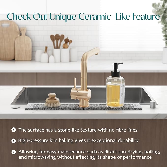 Eormoe Stone Kitchen Sink Faucet Mat, Premium Upgraded Food Grade Diatomite Drying Stone Tray & Splash Guard, Fast Drying Sink Protector for Kitchen Counter, Dishwasher Safe (23.6" x 3.9")