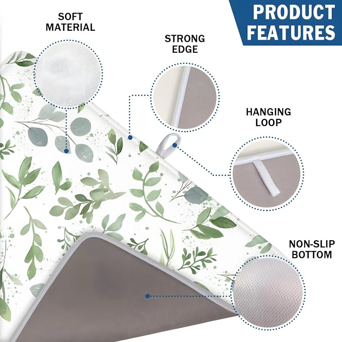 Spring Summer Sage Green Leaves Dish Drying Mat 16x18 Inch | Eucalyptus Leaf，Polyester，Absorbent Microfiber，for Kitchen Coffee Dining Bar Decor