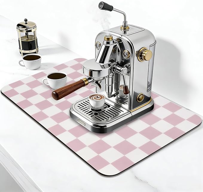 CooRug Checkered Dish Drying Mat, 16" x 24", Pink | Absorbent, Leak-Proof, Non-Slip, Heat Resistant, For Kitchen Counter & Coffee Bar, Eco-friendly Materials, Easy to Clean