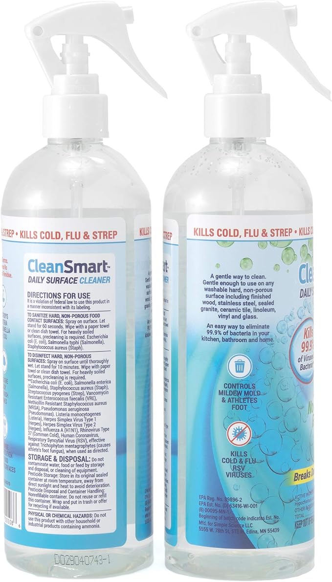 CleanSmart Daily Surface Spray Disinfectant, Kills 99.9% of Viruses, Bacteria, Mold & Fungus, 16 oz Bottle (Pack of 3)