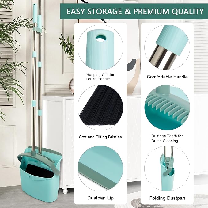 Broom and Dustpan Combo Set,55" Long Handle,Green | Heavy Dust,Dustpans with Broom Combo,House Accessories for Home, Kitchen,Office,Classroom,Apartment,Pet Hair