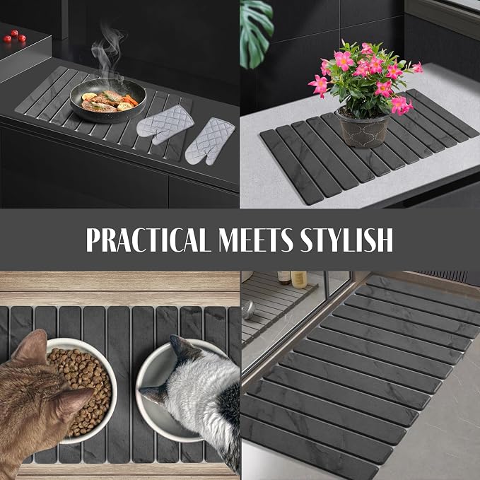 2 PCS Extra Large Stone Dish Drying Mat for Kitchen Counter, 28"×16" Marble Dish Drying Mat with 8"x 4" Coasters, Non - Slip Collapsible Absorbent Mat for Multi - Purpose, Match Any Countertop【Gray】