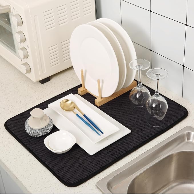 2 Pack Microfiber Dish Drying Mat for Kitchen Counter,Ultra Absorbent Dish Drainer Mat ,Dish Drying Pad , Dish Rack Mat 20×15 Inch (Black)