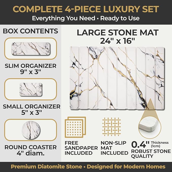 Stone Dish Drying Mat for Kitchen Countertop 24x16 Large Diatomaceous Earth Quick-Dry Absorbent Foldable Non-Slip Organizer for Dishes Glasses Utensils with Coaster Pads Gold Veined Marble