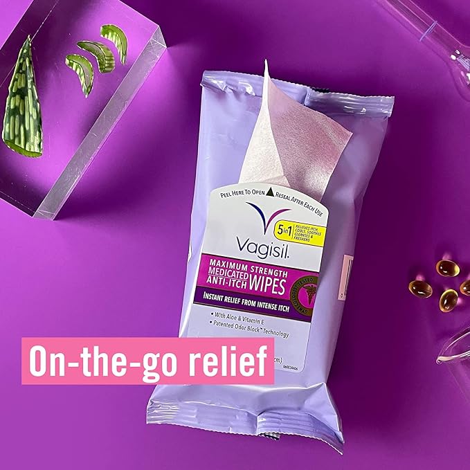 Vagisil Wipes, Anti-Itch Medicated Feminine Vaginal Wipes, Maximum Strength, Instant Relief, 20 Wipes (Pack of 1)