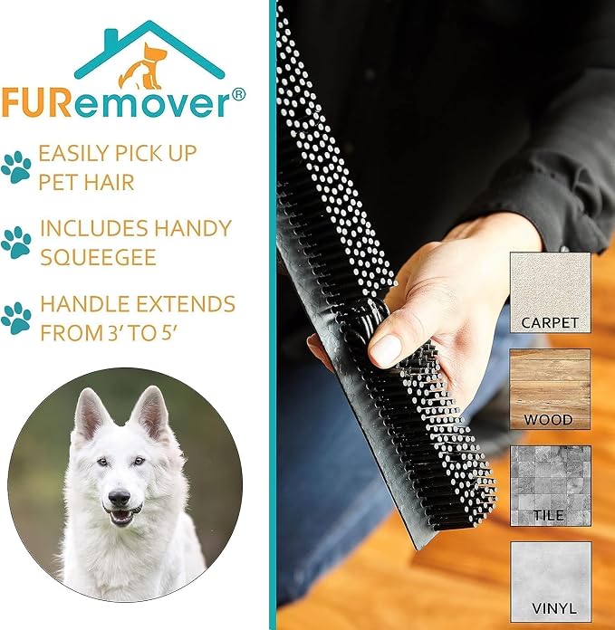 FURemover Pet Hair Removal Rubber Broom, 58" Telescopic Handle | Multi-Surface Rubber Broom with Built in Squeegee Edge, Sweeps up Fur, Hair, and Debris on Tile, Wood, Vinyl, and Carpet