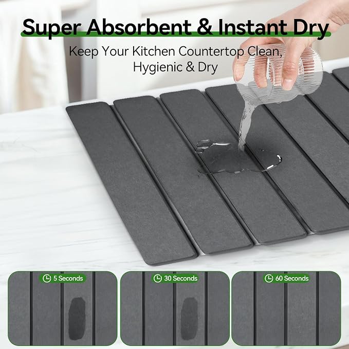 Large Stone Drying Mat for Kitchen Counter, 16"x12" Collapsible Diatomaceous Earth Drying Mat, Instant Absorbent Dish Drying Pad, Stone Drying Rack Space Saver Drying Board for Kitchen Sink, Gray