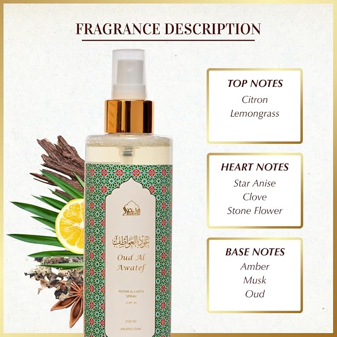Oud Al Awatef Lemongrass Spray by Dukhni | 250ml Arabic Air Freshener | Lemongrass Oud Fabric Spray for Home, Prayer Mats, Bed, Linen, Sofa, Curtain, Car | Room Air Freshener, Odour Eliminator