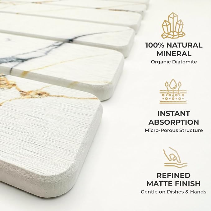 Stone Dish Drying Mat for Kitchen Countertop 24x16 Large Diatomaceous Earth Quick-Dry Absorbent Foldable Non-Slip Organizer for Dishes Glasses Utensils with Coaster Pads Gold Veined Marble